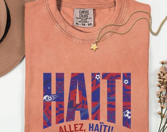 Allez Haiti Soccer T-Shirt - Haitian Pride Graphic Tee - Football Fan Gift - White Caribbean Heritage Shirt - Soccer Art Top for Men Women