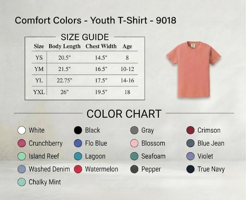 以下が含まれることがあります： サンゴ色のユースTシャツ。サイズガイドとカラーチャートが表示されています。サイズガイドには、YS、YM、YL、YXLのサイズの体の長さと胸囲がインチで記載されています。カラーチャートには、白、黒、クリムゾンなど、さまざまな色が表示されています。