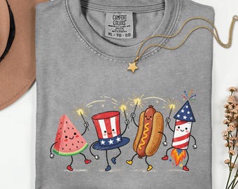 4th of July Shirt, Cute Patriotic Comfort Colors 1717, Retro Fourth of July Tee, Firework Watermelon Hotdog, Oversized Trendy T-shirt