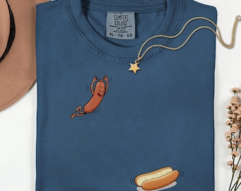 Funny Hot Dog Jumping Into Bun Shirt, Cute Sausage Graphic Tee, Summer BBQ Grill Party Top, Garment Dyed Foodie Gift, Retro Cartoon Shirt