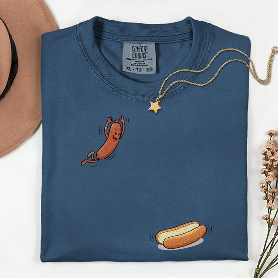 Funny Hot Dog Jumping Into Bun Shirt, Cute Sausage Graphic Tee, Summer BBQ Grill Party Top, Garment Dyed Foodie Gift, Retro Cartoon Shirt