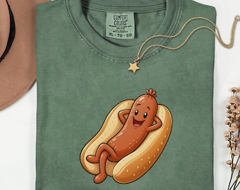 Chemise à hot-dog couleurs confort T-shirt barbecue drôle T-shirt graphique alimentaire mignon saucisse relaxante cadeau pique-nique d'été pour gourmets haut dessin animé rétro