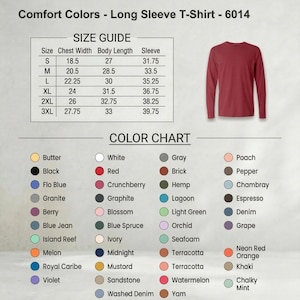 以下が含まれることがあります： 赤茶色の長袖Tシャツ。サイズガイドとカラーチャート付き。サイズガイドには、胸囲、着丈、袖丈の測定値がcmで表示されています。カラーチャートには、黒、赤、青など、さまざまな色が表示されています。