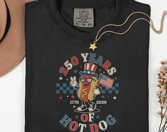 Chemise 250 ans de hot-dog, t-shirt drôle patriotique des États-Unis 1776-2026, barbecue vintage du jour de l'indépendance, art rétro drapeau américain, haut du demi-centenaire