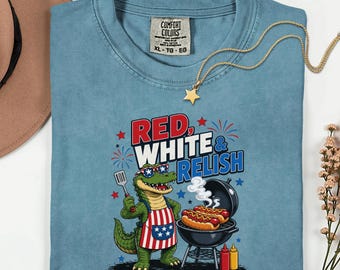 Chemise patriotique de hot-dog, couleurs confort 1717, t-shirt graphique barbecue rigolo, cadeau de fête d'été pour cuisiner, t-shirt nourriture vintage