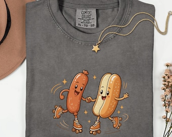 Chemise de patinage à roulettes hot-dog, t-shirt 1717 couleurs confort rétro, t-shirt mignon jeu de mots de restauration rapide, haut graphique chignon hot-dog dansant de style vintage