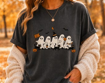 Cute Halloween Shirt, Ghost Cat Pumpkin Tee, Spooky Season Comfort Colors Tee, Halloween Ghost T-Shirt