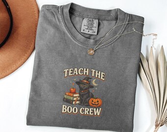 Halloween Teacher T-Shirt, Black Cat Witch Graphic, Retro Classroom Tee, Comfort Colors 1717