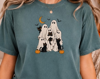 Ghost Cat Halloween Shirt, Cute Spooky Black Cat Comfort Colors Tee, Pumpkin Fall Party Outfit