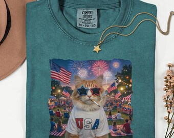 Funny Patriotic Cat Shirt, 4th of July Tee, Retro USA Gift, Independence Day Top, Smoking Kitten, Fireworks Graphic, Summer Party Apparel
