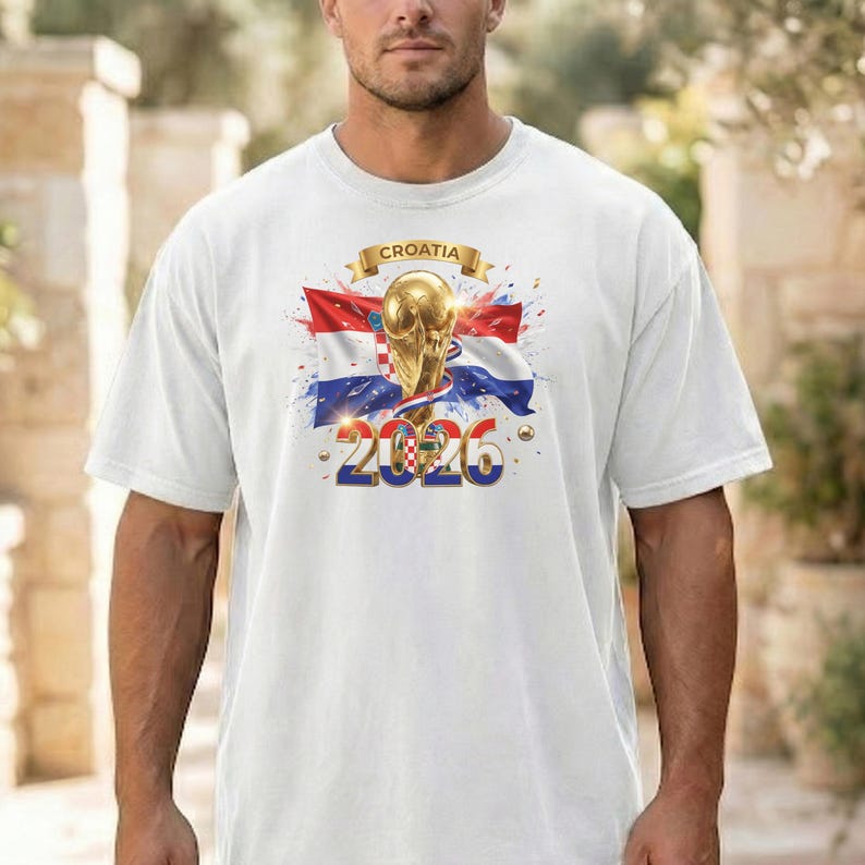 May include: White t-shirt featuring a golden trophy, the Croatian flag, and the text "2026". The word "Croatia" is printed on a banner above the trophy. The design includes blue and red accents.