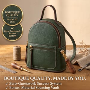 May include: A dark green leather backpack with a top handle, a front zippered pocket, and white stitching. The backpack is surrounded by leatherworking tools including a metal ruler, a wooden awl, a spool of thread, and a metal punch tool.