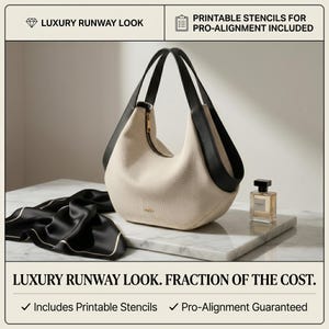 Peut inclure: Un sac hobo crème à la surface texturée avec des anses en similicuir noir, accompagné d'un foulard en soie noire et d'un flacon de parfum en verre. Le texte indique : LUXURY RUNWAY LOOK, PRINTABLE STENCILS FOR PRO-ALIGNMENT INCLUDED, LUXURY RUNWAY LOOK. FRACTION OF THE COST, Includes Printable Stencils, Pro-Alignment Guaranteed.