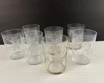 Vintage 7 Juice Drinking Glasses Etched Floral Flower Design