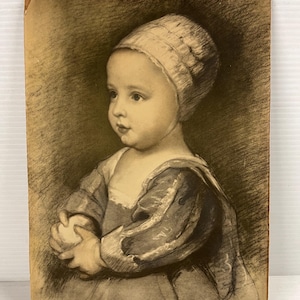 Peut inclure: Portrait sépia d'un enfant portant un bonnet et des vêtements d'époque, tenant un objet. L'œuvre est signée par G.B. Lawson Jr. et inscrite par l'artiste, Anthony Van Dyck. L'image a une esthétique vintage, avec une usure visible sur les bords.