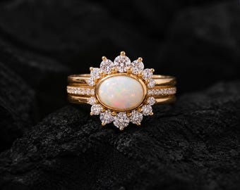 Opal Crown Ring Set, Sterling Silver Stacking Rings for Women, Princess Style Halo Engagement Inspired Jewelry, Elegant Bridal Gift for Her.