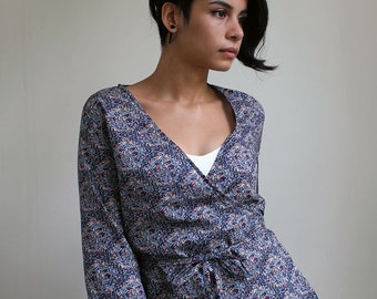 classic wrap shirt SEWING PATTERN with narrow waist ties and three quarter sleeves