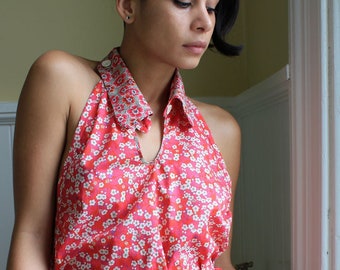 halter neck wrap around top SEWING PATTERN with narrow waist ties shaped collar and keyhole opening