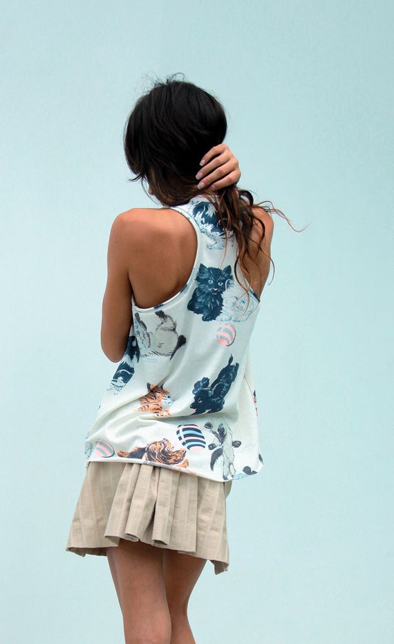 jersey knit racer back tank top SEWING PATTERN with shaped hem and rolled edges