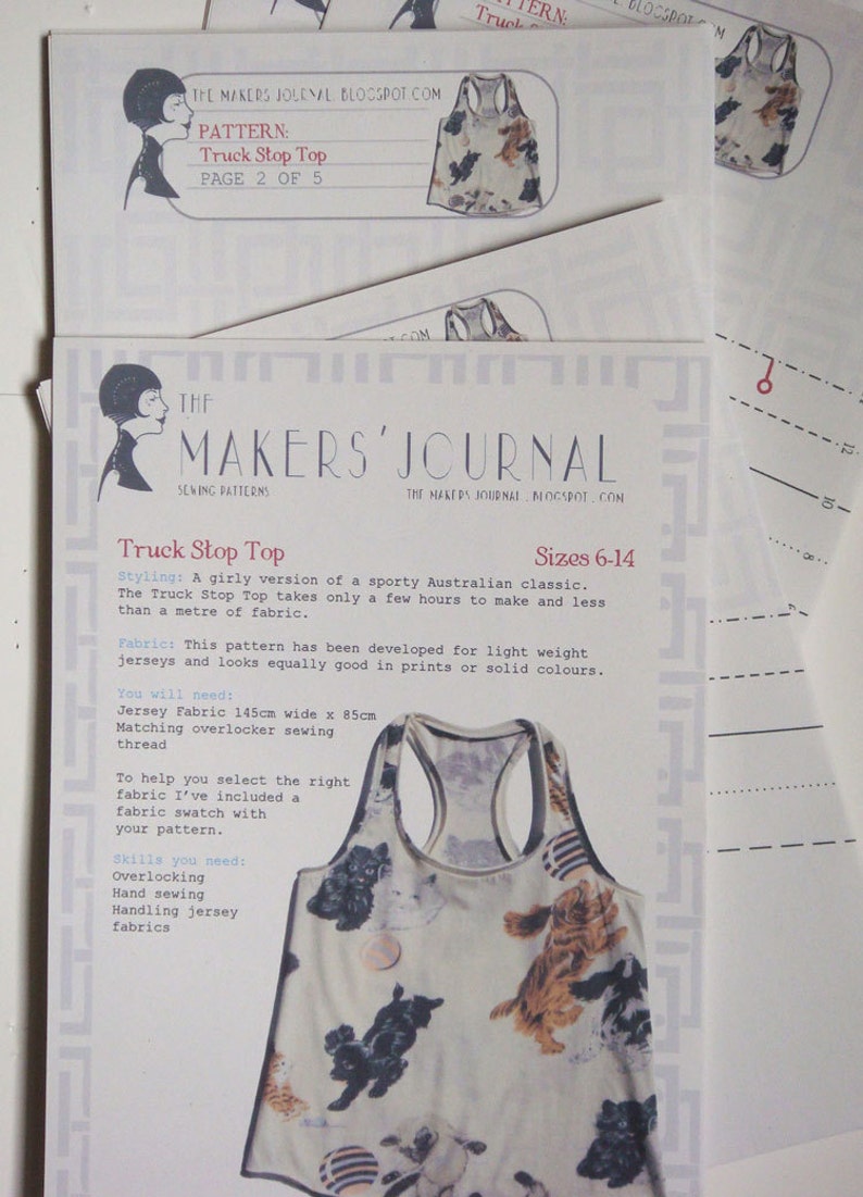 May include: A sewing pattern for a "Truck Stop Top" with a white tank top with a dog print. The pattern is for sizes 6-14 and includes instructions for overlocking, hand sewing, and handling jersey fabrics.