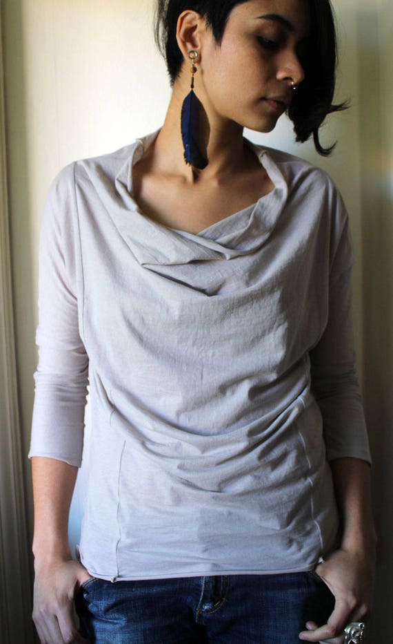 ladies casual jersey top SEWING PATTERN with cowl neckline and narrow sleeves in two lengths