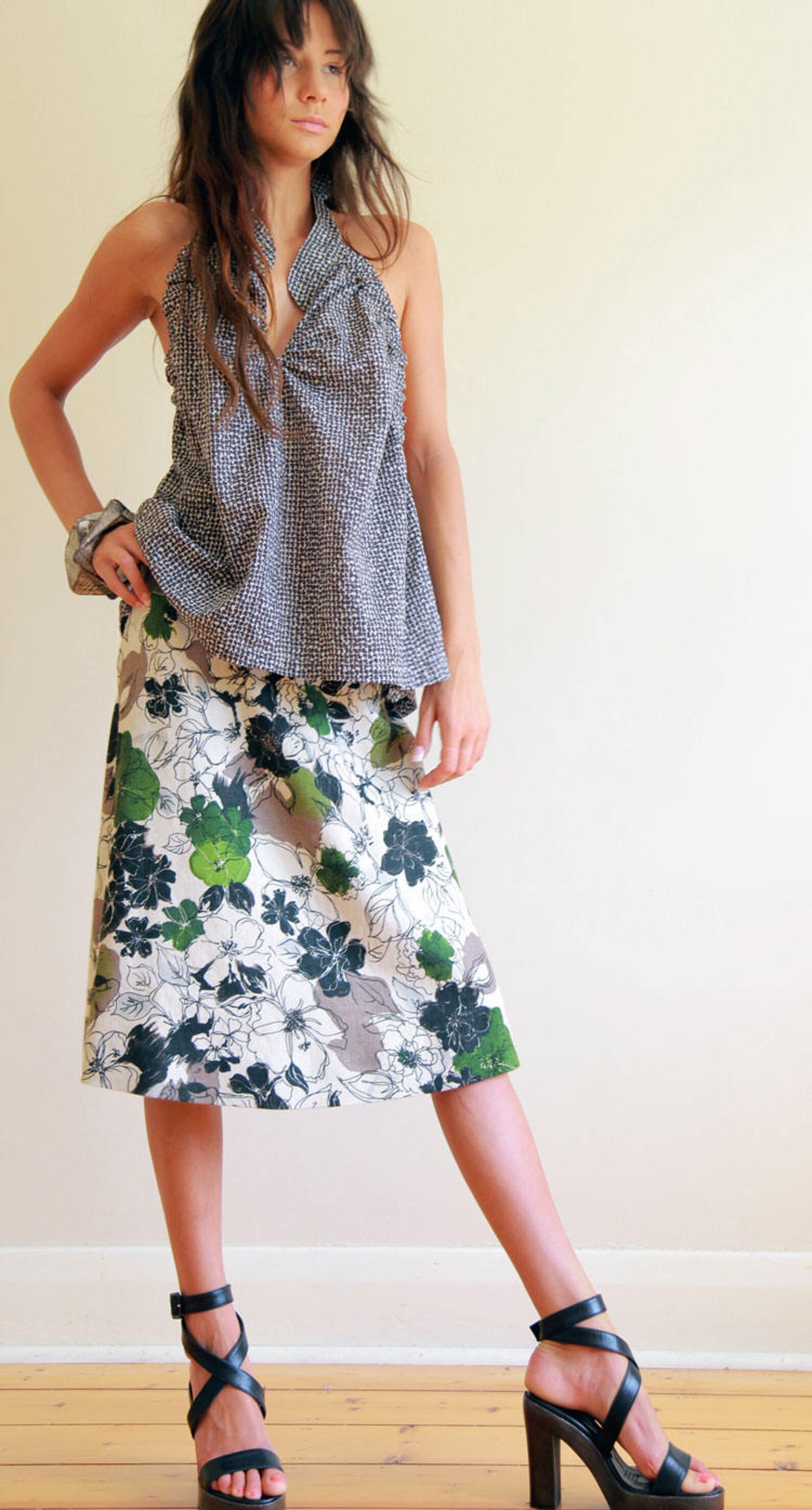 Knee-Length Front Button Crape A-line Skirt