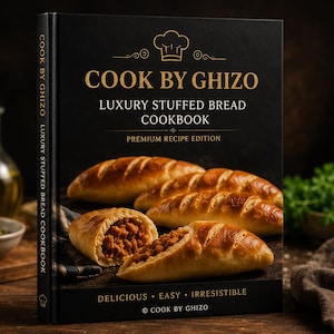Può includere: Un libro di cucina con copertina rigida nera intitolato COOK BY GHIZO LUXURY STUFFED BREAD COOKBOOK PREMIUM RECIPE EDITION. La copertina presenta una fotografia di panini ripieni dorati, uno dei quali tagliato per rivelare il ripieno.