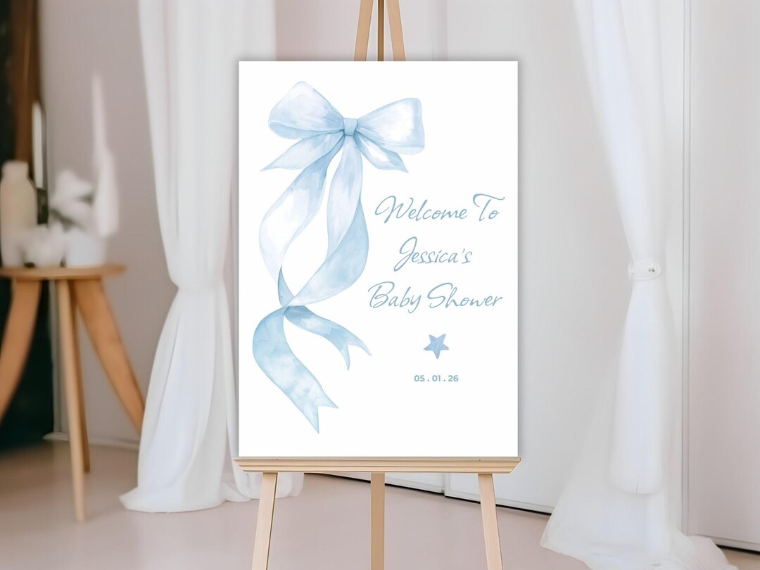 Blue Bow Baby Shower Welcome Sign, Boho Boy Minimalist Watercolor ...