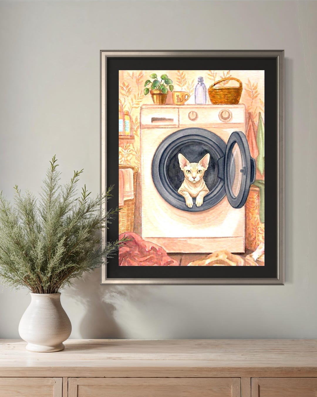Laundry Day Sphynx Cat Wall Art Funny Cat Decor Pet Lover Illustration ...