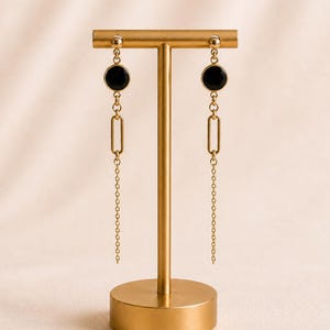 Gold Dangle Earrings, Black Drop Earrings, Long Chain Earrings, Minimalist Statement Jewelry, Stainless Steel Earrings, Gift for Her