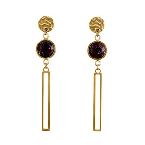 Crimson Red Drop Earrings, Long Gold Bar Dangles, Open Rectangle Clay Earrings, Fall Winter Stainless Steel Jewelry