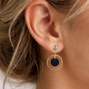 Dainty Black Gold Circle Earrings, Textured Polymer Clay Dangles, Minimalist Stainless Steel Studs, Modern Geometric Drops, Birthday Gift
