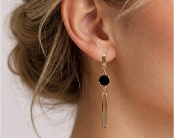 Orecchini pendenti lunghi in oro - Orecchini a goccia geometrici neri - Gioielli minimalisti in acciaio inossidabile - Orecchini di tendenza leggeri