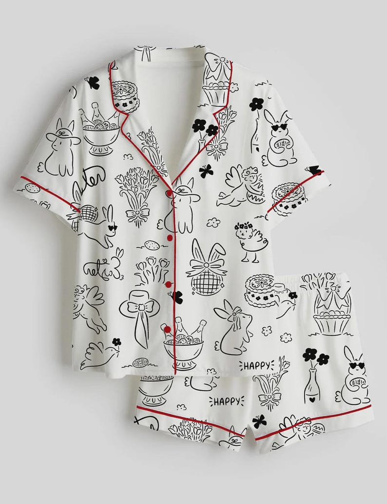 春のバニーパジャマセット – イースターバニープリントのスリープウェア 画像 3
