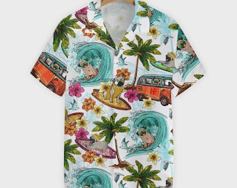 Surfing Pug Hawaiian Shirt – Retro Camper Van Tropical Button Down – Summer Vacation Party Outfit