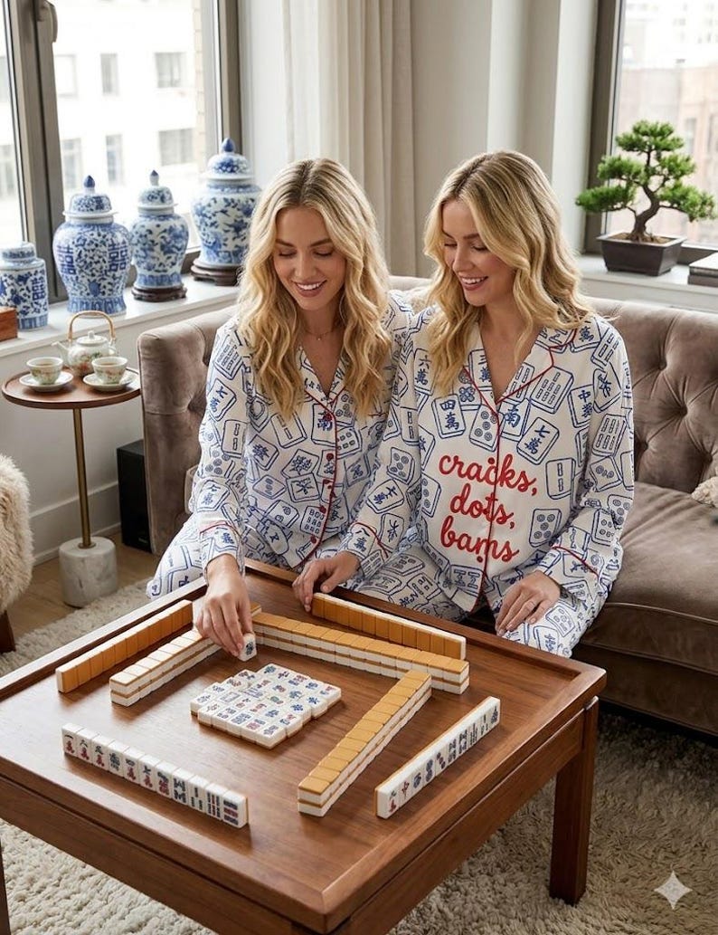 May include: Two women wearing matching white pajamas with blue and red accents, playing Mahjong on a wooden table. The pajamas have a Mahjong tile pattern and the words "craicks, dots, bams" in red.