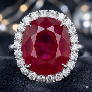 Anillo de compromiso de oro blanco de 14 quilates con rubí natural de talla ovalada de 11,8 quilates y diamantes.