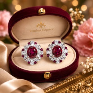 May include: A pair of oval-shaped earrings featuring a central deep red gemstone surrounded by a cluster of clear marquise and round stones, accented with smaller red stones. The earrings are displayed in a burgundy velvet box with Timeless Elegance text.