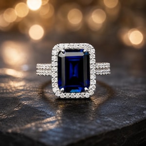 May include: A striking ring with a large, rectangular, deep blue gemstone, encircled by a halo of smaller, sparkling white stones. The band also features a row of smaller white stones. The ring is set on a dark, textured surface.