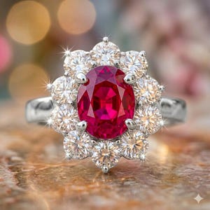 Puede incluir: Un anillo de plata con un gran rubí ovalado rodeado por un halo de diamantes redondos más pequeños. El rubí es de color rojo vibrante y los diamantes brillan intensamente. El anillo está sobre una superficie texturizada.