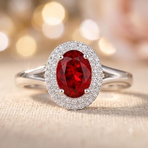 May include: A silver-toned ring featuring a large, oval-cut vibrant red gemstone at the centre. The stone is surrounded by a double halo of small, clear, sparkling stones set in a metallic frame with a split shank band design.