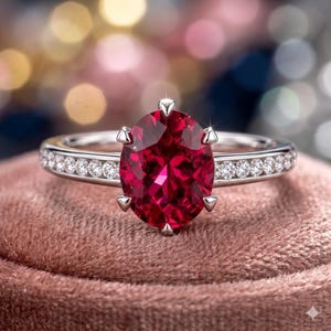 May include: A silver-coloured ring featuring a large, oval-cut deep red gemstone held by six prongs. The band is accented with a row of small, round, clear white stones embedded along both sides of the shank, creating a bright, reflective appearance.