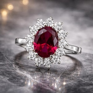 Op de afbeelding: Een zilverkleurige ring met een grote, ovaal geslepen dieprode edelsteen in het midden, omringd door een halo van twaalf kleine, ronde, heldere, gefacetteerde stenen. De ringband is glad en metaalachtig en vormt een contrast met het rode midden.