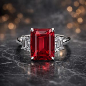 Anello di fidanzamento in oro bianco 14 carati con rubino naturale taglio smeraldo da 6,00 carati e diamanti.