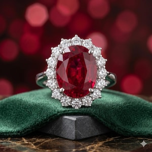 May include: A silver ring with a large, oval ruby gemstone encircled by a halo of small, round diamonds. The ring is displayed on a dark green velvet surface, with a blurred red backdrop.