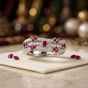 Op de afbeelding: Een zilverkleurige ring met drie golvende, overlappende banden bezet met kleine heldere steentjes en geaccentueerd door zeven ronde, dieprode robijnen. De ring ligt naast vier losse, bijpassende robijnen op een gestructureerde stoffen ondergrond.