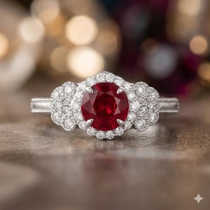 Op de afbeelding: Een zilverkleurige ring met een ronde, dieprode middensteen vastgehouden door vier pootjes. De middensteen is omringd door een halo van kleine, heldere, rondgeslepen stenen, met extra clusters van heldere stenen aan de zijkanten van de ring.