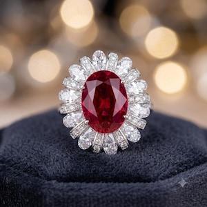May include: A silver-toned ring featuring a large, oval-cut deep red center stone. The center stone is surrounded by a halo of smaller, pear-shaped clear stones and additional small round clear stones set along the metal band structure.