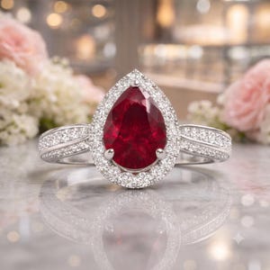 May include: A silver-toned ring featuring a large, pear-shaped deep red gemstone at the centre. The stone is surrounded by a halo of small, clear, sparkling stones. The band is split into two rows, also encrusted with small, clear, sparkling stones.