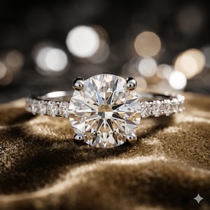 Op de afbeelding: Een diamanten ring met een grote, rond geslepen centrale steen en een band bezet met kleinere diamanten. De ring is gezet in zilver of platina en wordt gepresenteerd op een fluwelen oppervlak.